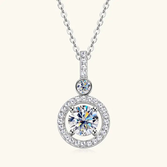 Moissanite Halo Circle Charm Necklace in 925 Sterling Silver