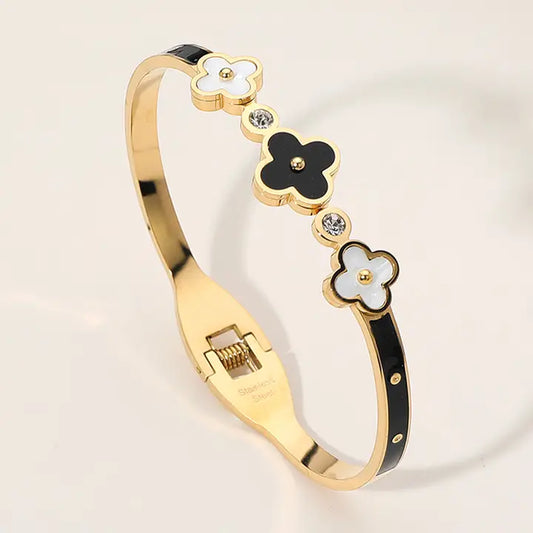 Triple Bloom Bangle – Stainless Steel Quatrefoil Hinged Bracelet