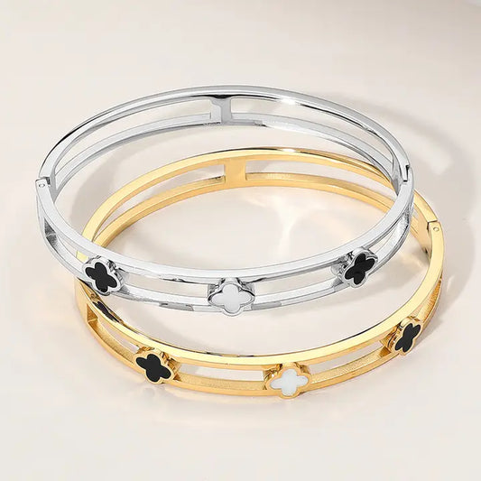 Stainless Steel Quatrefoil Split Hinged Bangle Bracelet