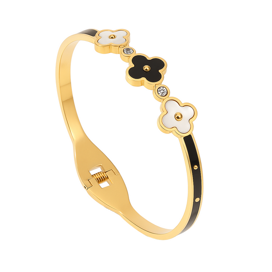 Triple Bloom Bangle – Stainless Steel Quatrefoil Hinged Bracelet
