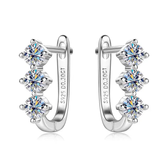 Three Stone Moissanite Hoop Earrings in 925 Sterling Silver