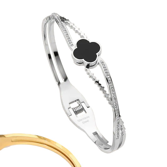 Stainless Steel Quatrefoil Pointed Hinged Bangle Bracelet