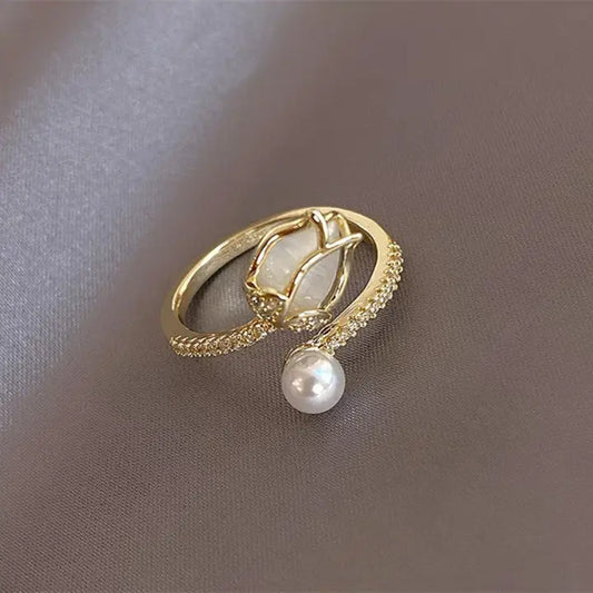 Opal Tulip Flower Pearl Stacking Bypass Ring in Solid Copper