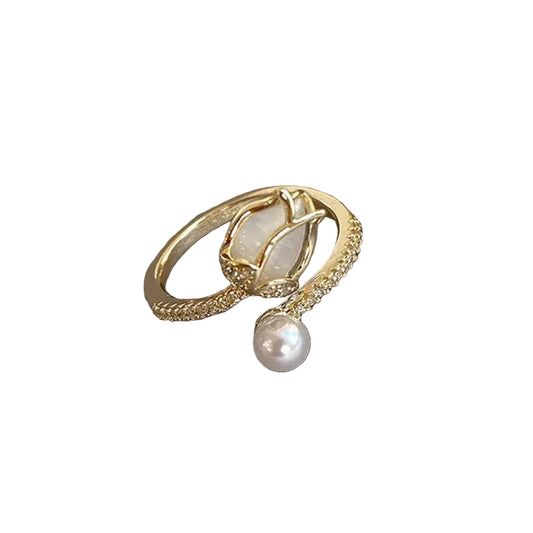 Opal Tulip Flower Pearl Stacking Bypass Ring in Solid Copper