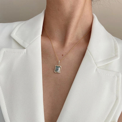Square Cut Moss Agate Charm Necklace