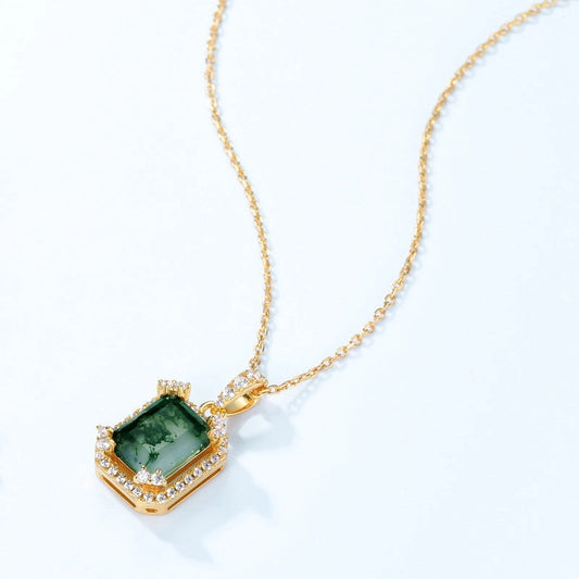 Square Cut Moss Agate Charm Necklace
