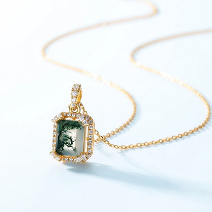 Square Cut Moss Agate Charm Necklace