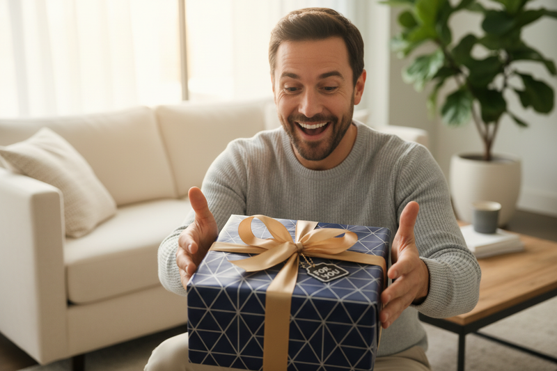 MAKE A IMAGE OF MEN GETTING A GIFT MAKE LOOK REAL